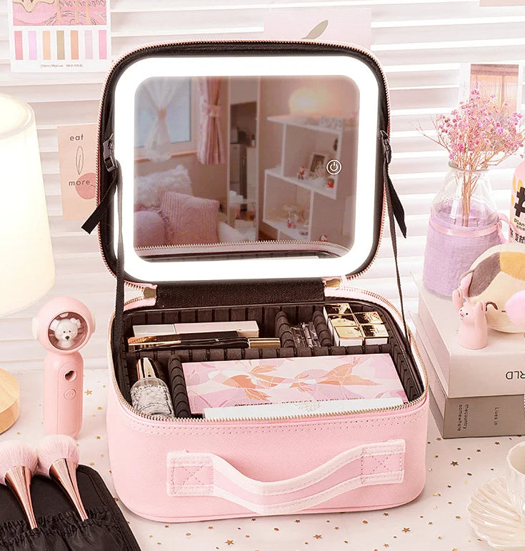 MALETA ORGANIZADORA DE MAQUILLAJE CON ESPEJO LED