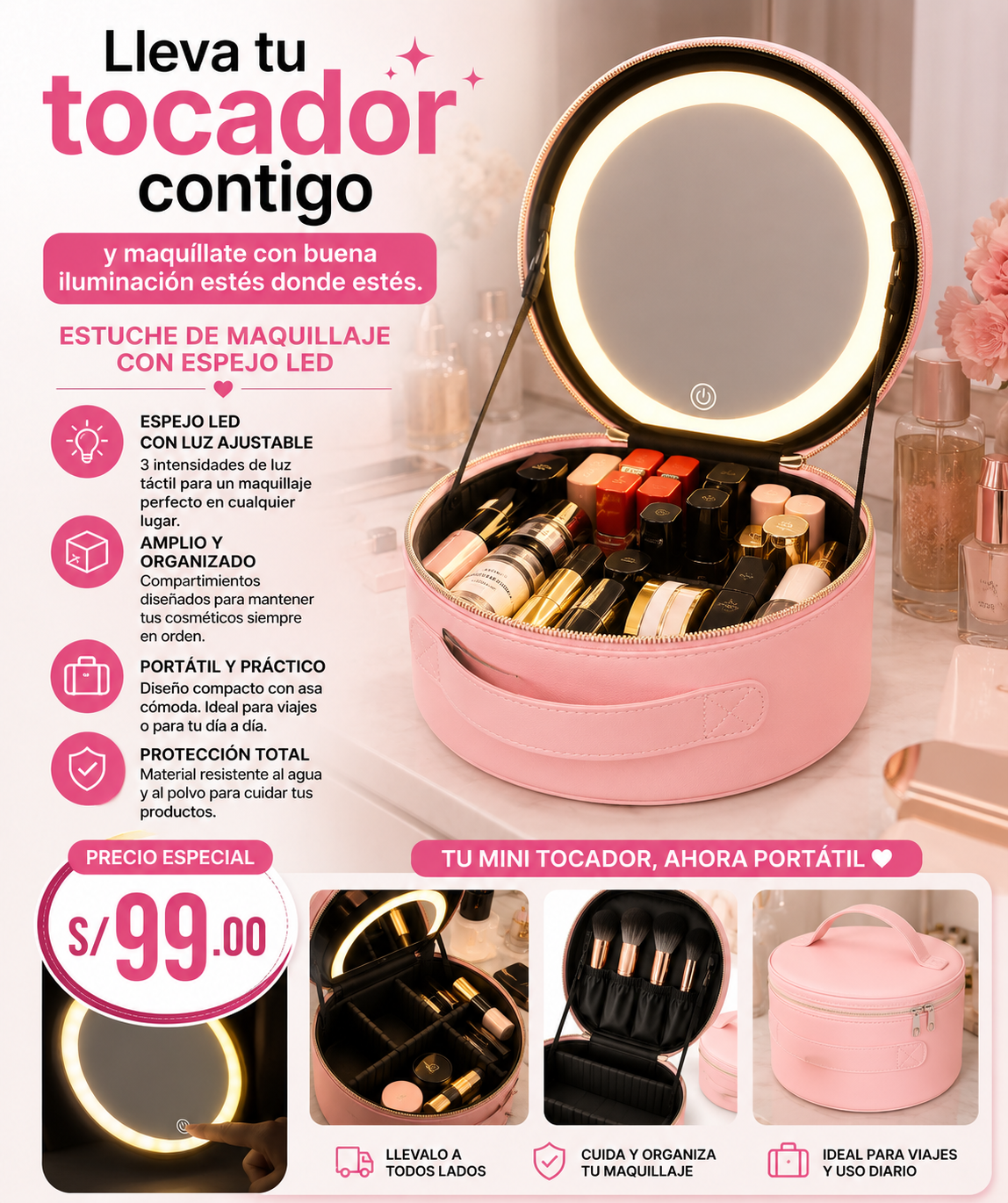 BOLSA DE MAQUILLAJE CON ESPEJO LED