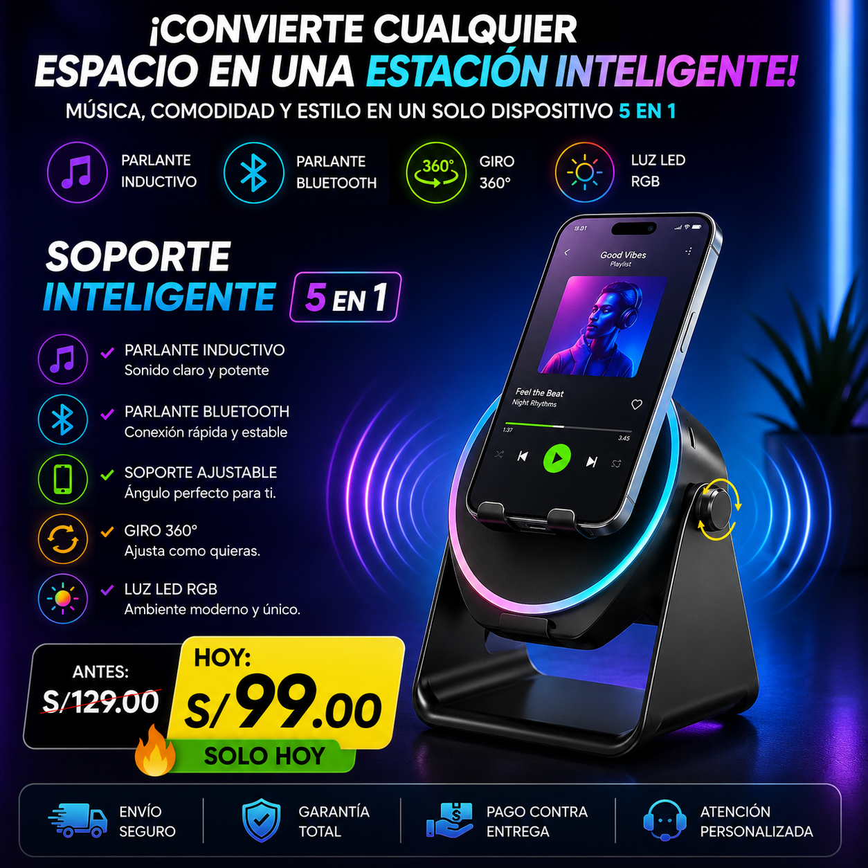 Soporte Inteligente con Parlante Inductivo, Bluetooth y Luces LED RGB